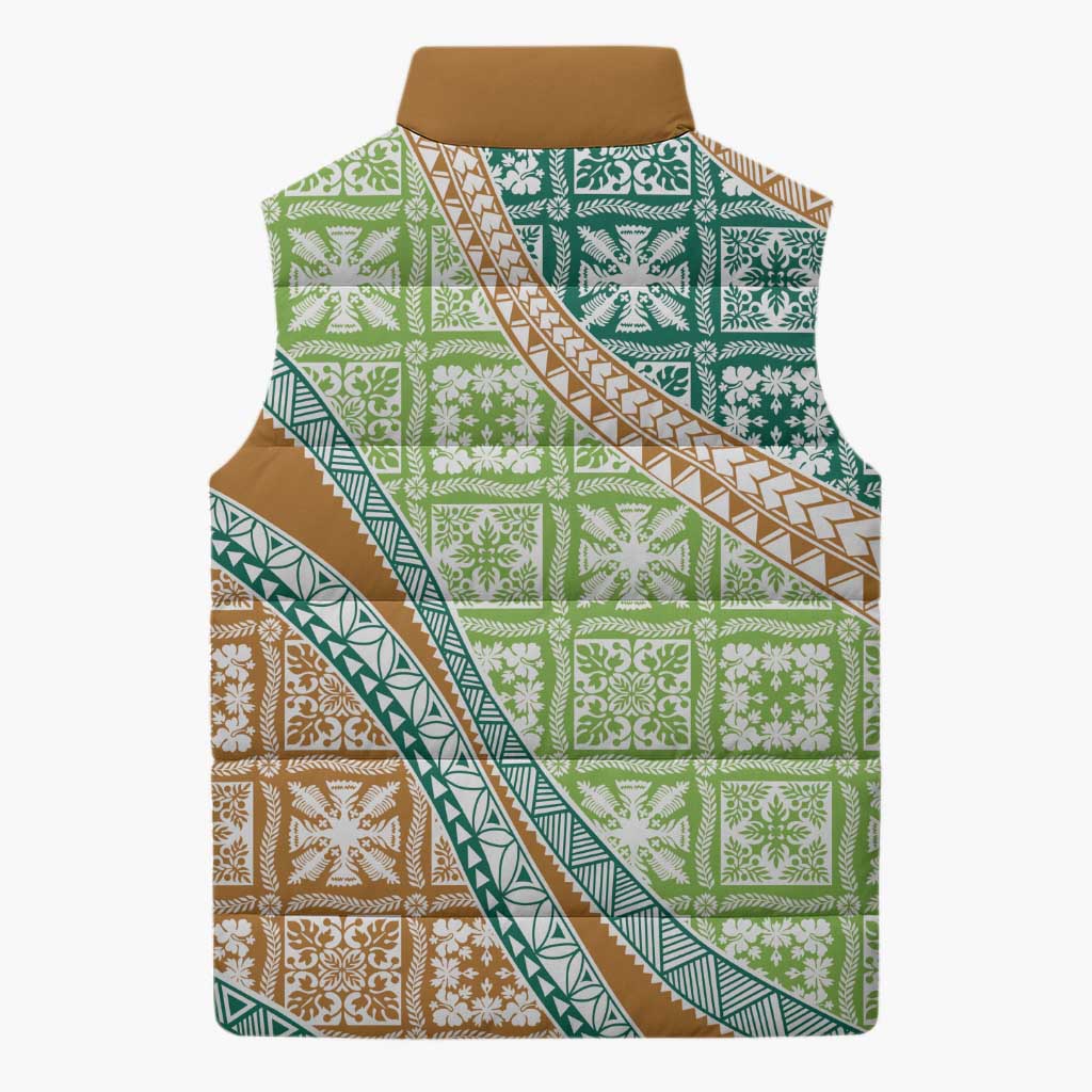 Hawaiian Quilt Pattern Sleeveless Puffer Jacket Green Chestnut Color Mixed LT01 - Polynesian Pride