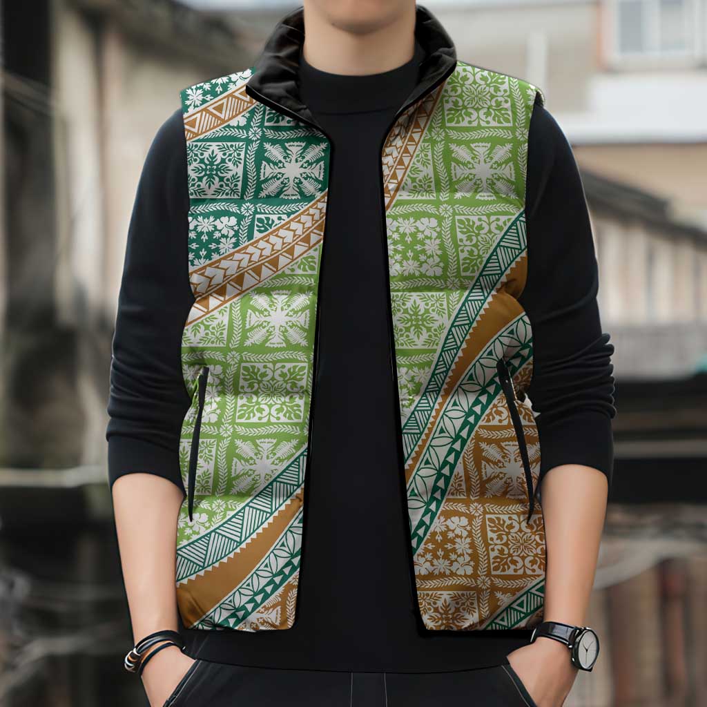 Hawaiian Quilt Pattern Sleeveless Puffer Jacket Green Chestnut Color Mixed LT01 - Polynesian Pride