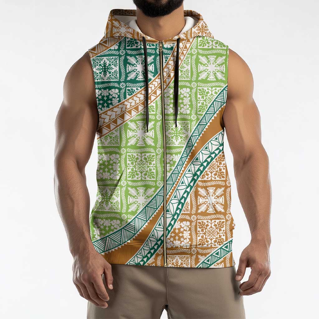 Hawaiian Quilt Pattern Sleeveless Zip Hoodie Green Chestnut Color Mixed - Polynesian Pride