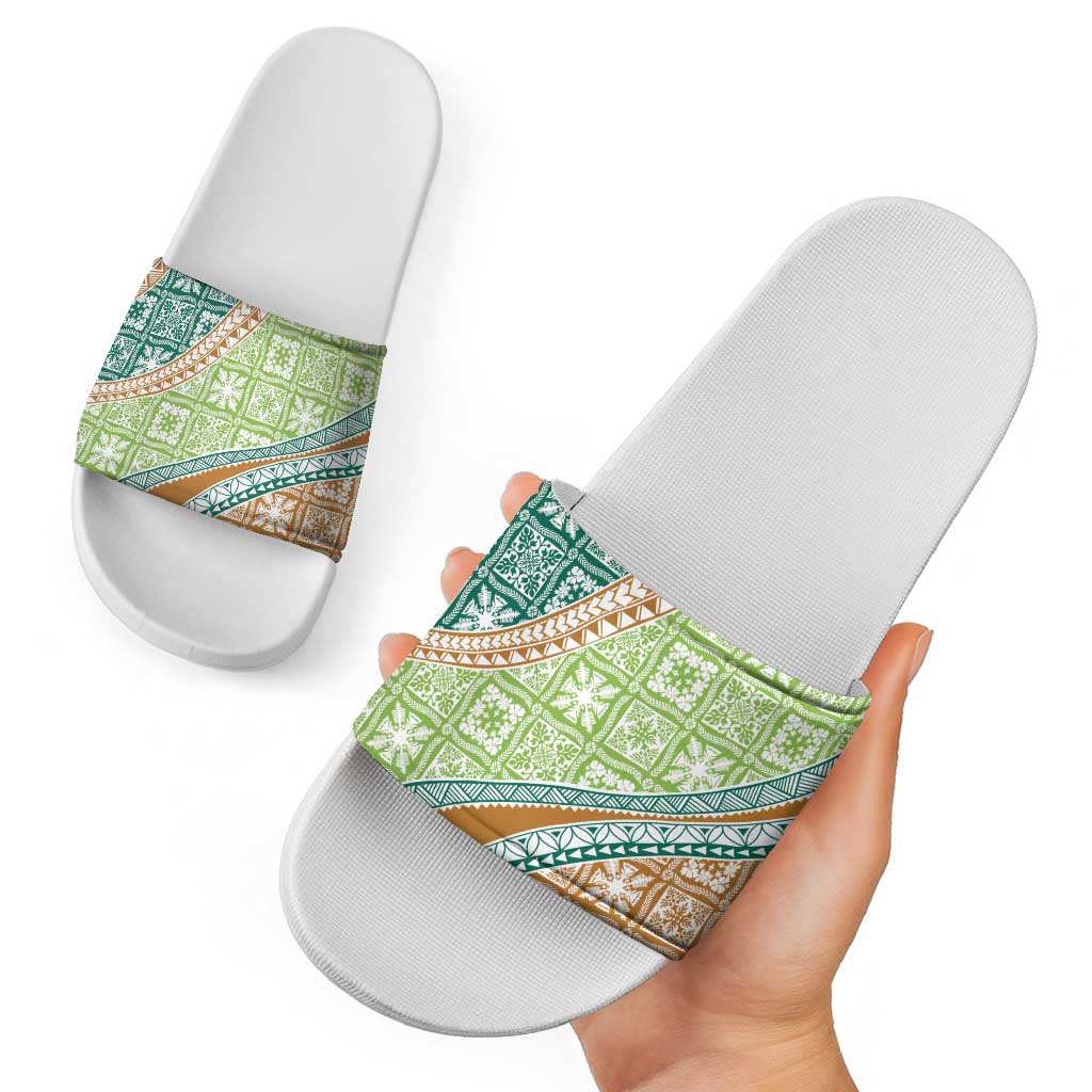 Hawaiian Quilt Pattern Slide Sandals Green Chestnut Color Mixed LT01 - Polynesian Pride