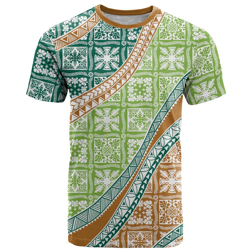 Hawaiian Quilt Pattern T Shirt Green Chestnut Color Mixed - Polynesian Pride