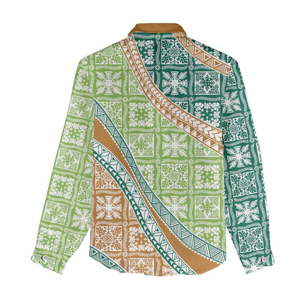 Hawaiian Quilt Pattern Women Casual Shirt Green Chestnut Color Mixed - Polynesian Pride