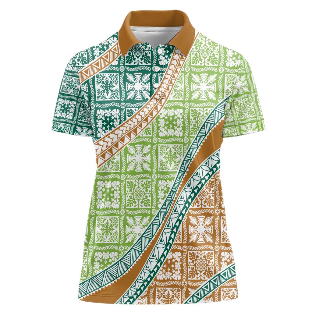Hawaiian Quilt Pattern Women Polo Shirt Green Chestnut Color Mixed - Polynesian Pride