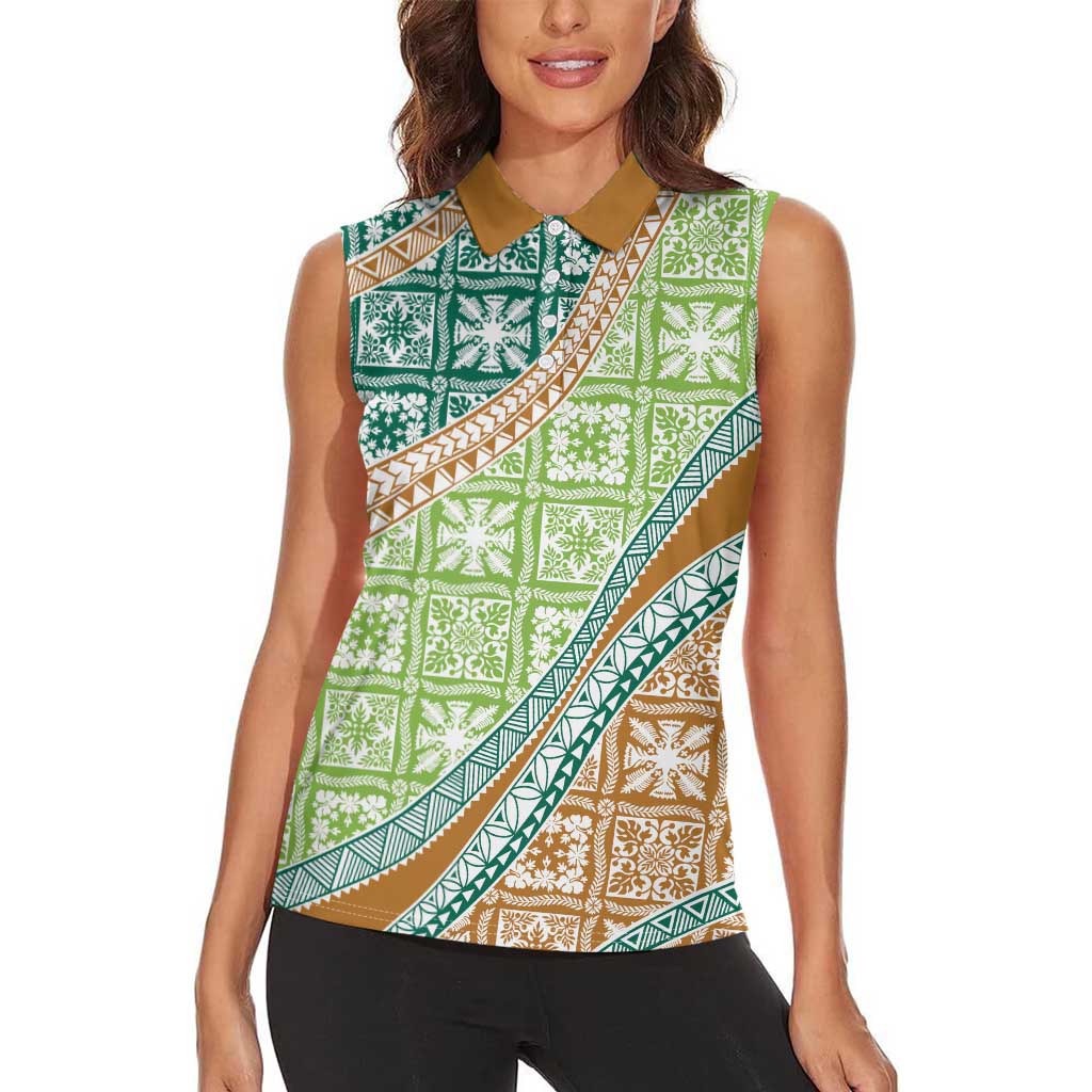 Hawaiian Quilt Pattern Women Sleeveless Polo Shirt Green Chestnut Color Mixed - Polynesian Pride