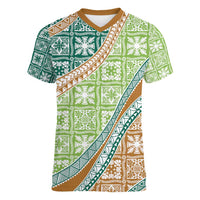 Hawaiian Quilt Pattern Women V-Neck T-Shirt Green Chestnut Color Mixed LT01 Female Green - Polynesian Pride