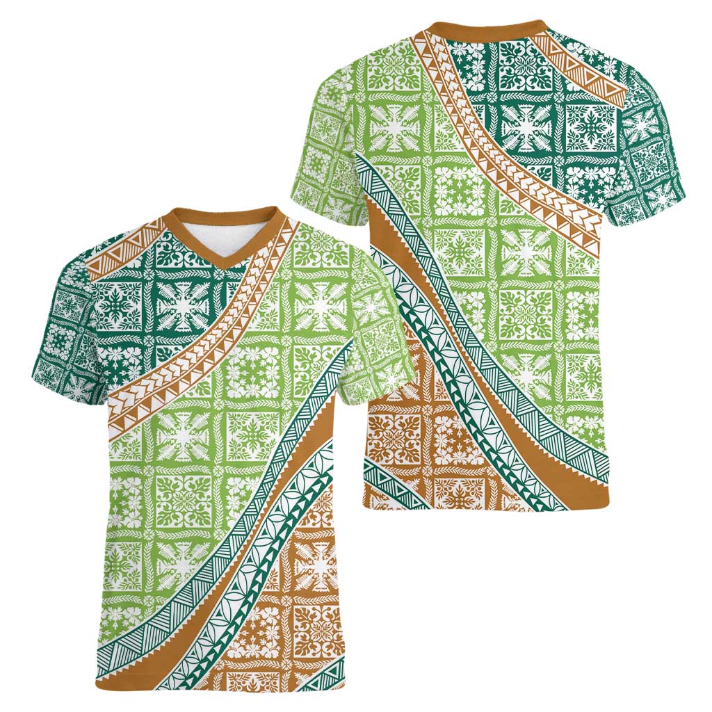Hawaiian Quilt Pattern Women V-Neck T-Shirt Green Chestnut Color Mixed LT01 - Polynesian Pride