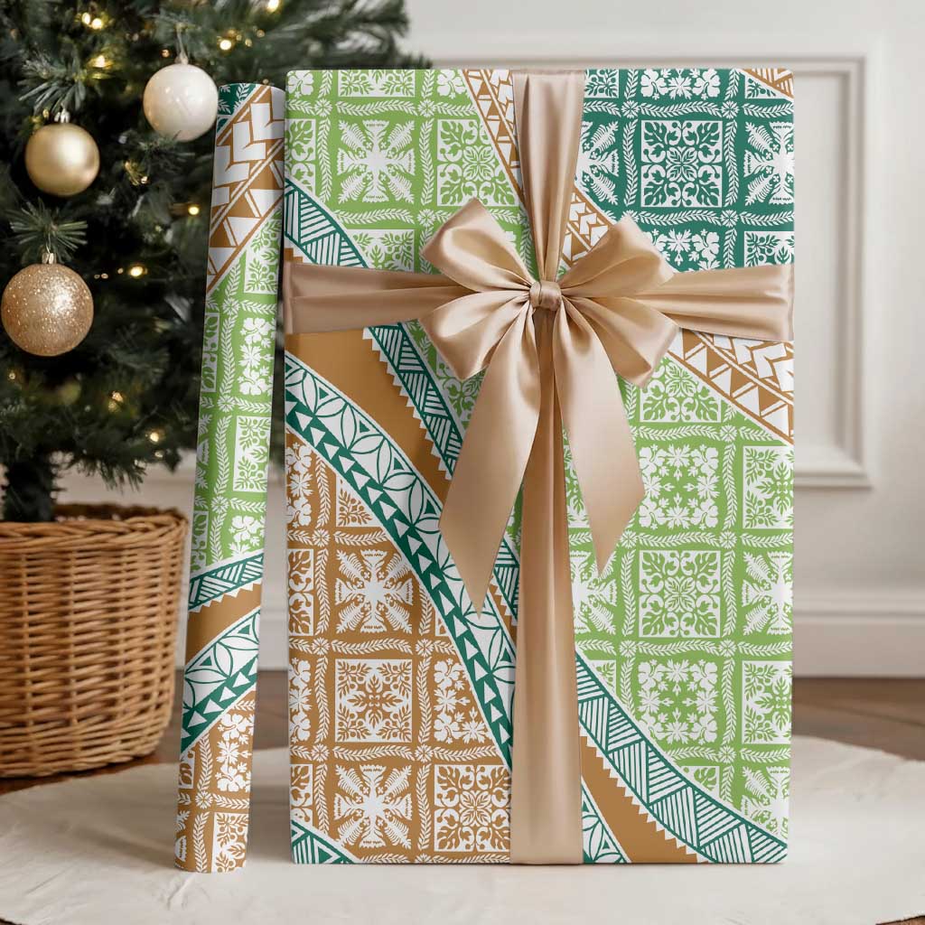 Hawaiian Quilt Pattern Wrapping Paper Green Chestnut Color Mixed - Polynesian Pride