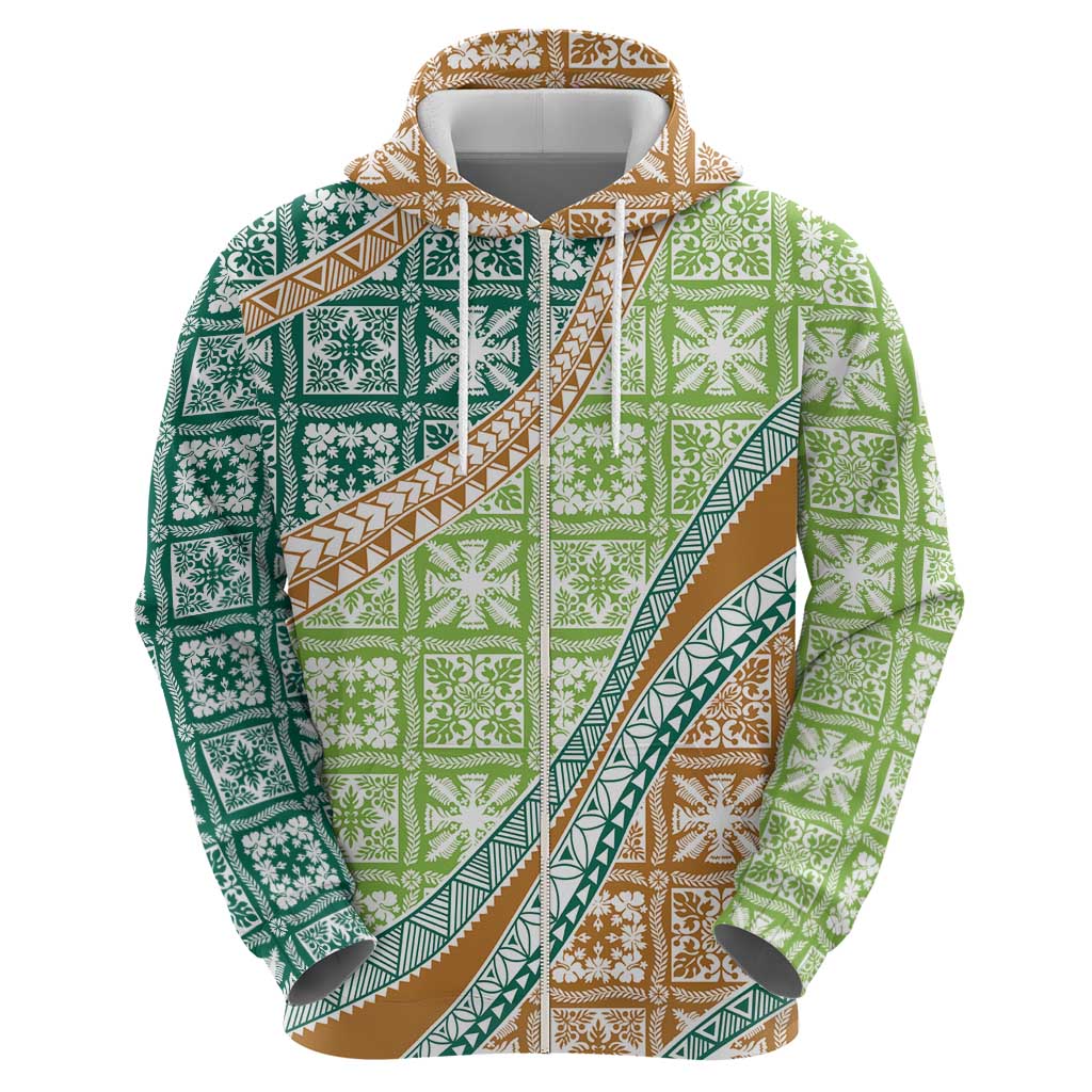 Hawaiian Quilt Pattern Zip Hoodie Green Chestnut Color Mixed - Polynesian Pride