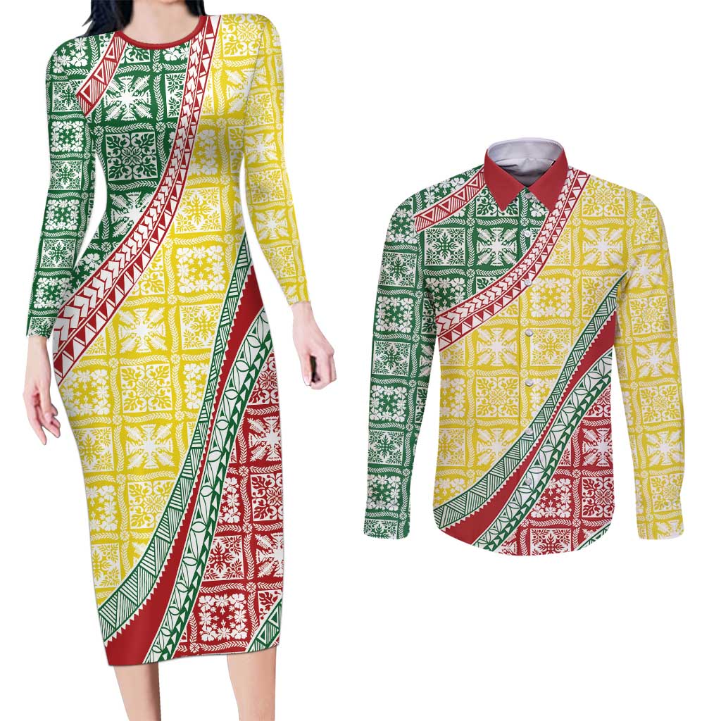 Hawaiian Quilt Pattern Couples Matching Long Sleeve Bodycon Dress and Long Sleeve Button Shirt Special Color Mixed - Polynesian Pride