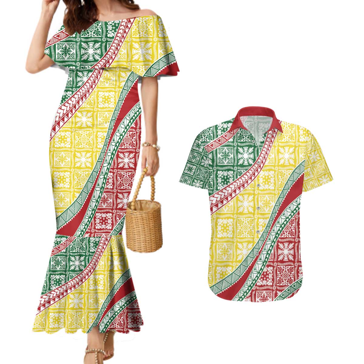 Hawaiian Quilt Pattern Couples Matching Mermaid Dress and Hawaiian Shirt Special Color Mixed - Polynesian Pride