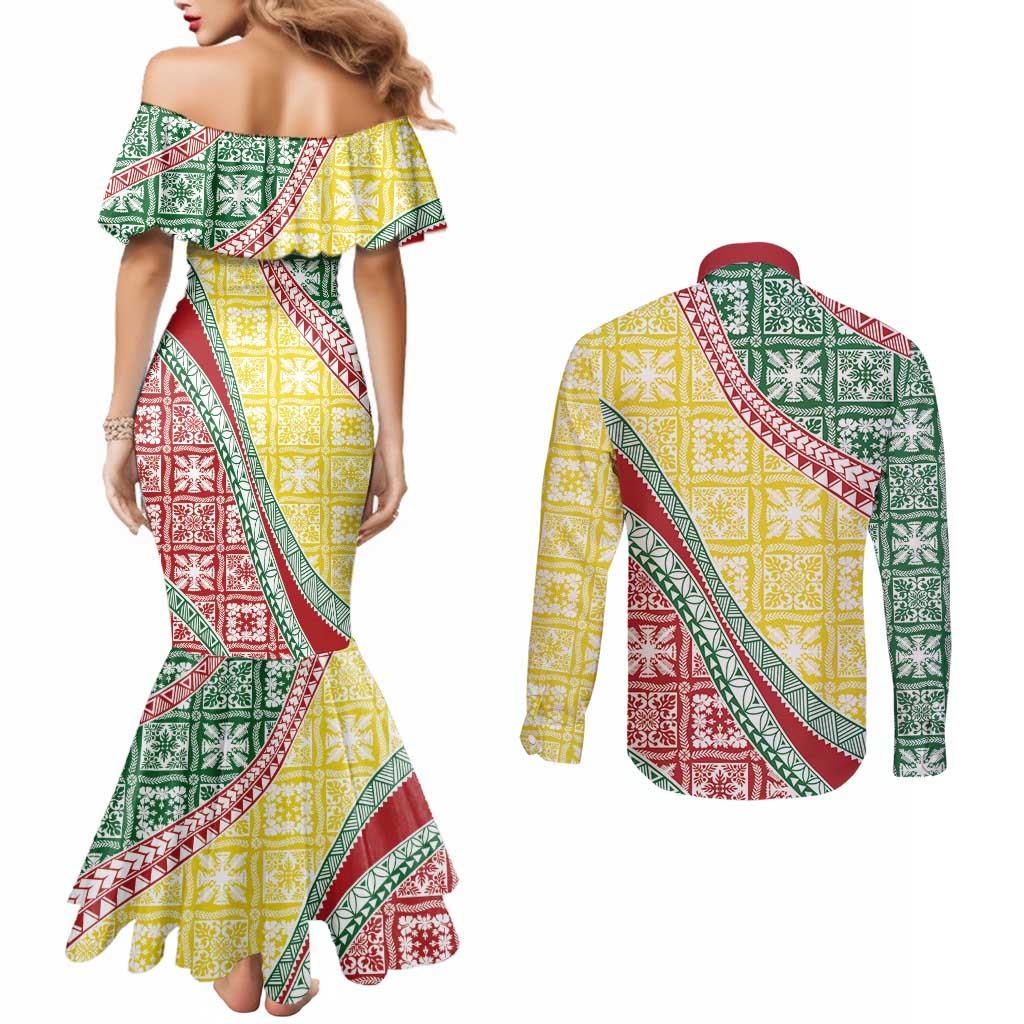 Hawaiian Quilt Pattern Couples Matching Mermaid Dress and Long Sleeve Button Shirt Special Color Mixed - Polynesian Pride