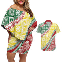 Hawaiian Quilt Pattern Couples Matching Off Shoulder Short Dress and Hawaiian Shirt Special Color Mixed - Polynesian Pride