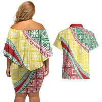 Hawaiian Quilt Pattern Couples Matching Off Shoulder Short Dress and Hawaiian Shirt Special Color Mixed - Polynesian Pride