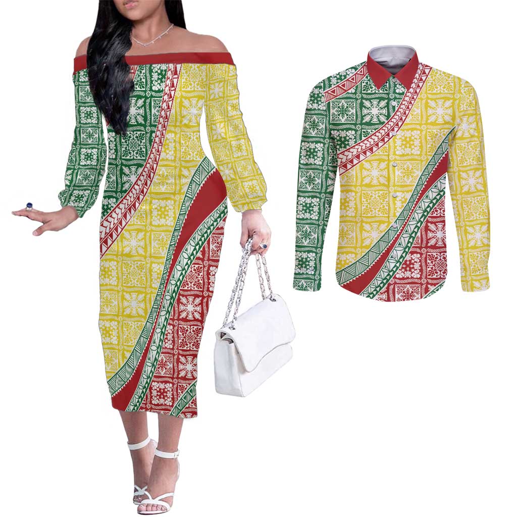 Hawaiian Quilt Pattern Couples Matching Off The Shoulder Long Sleeve Dress and Long Sleeve Button Shirt Special Color Mixed - Polynesian Pride