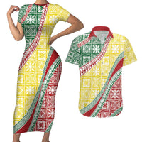 Hawaiian Quilt Pattern Couples Matching Short Sleeve Bodycon Dress and Hawaiian Shirt Special Color Mixed - Polynesian Pride