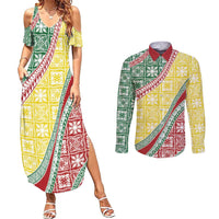 Hawaiian Quilt Pattern Couples Matching Summer Maxi Dress and Long Sleeve Button Shirt Special Color Mixed - Polynesian Pride