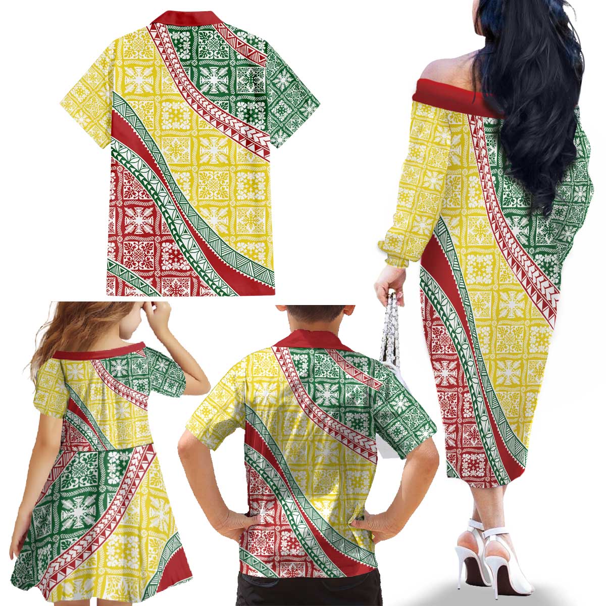 Hawaiian Quilt Pattern Family Matching Off The Shoulder Long Sleeve Dress and Hawaiian Shirt Special Color Mixed - Polynesian Pride