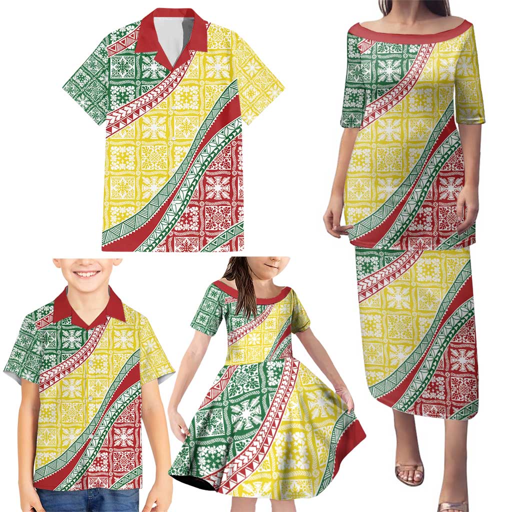 Hawaiian Quilt Pattern Family Matching Puletasi and Hawaiian Shirt Special Color Mixed - Polynesian Pride