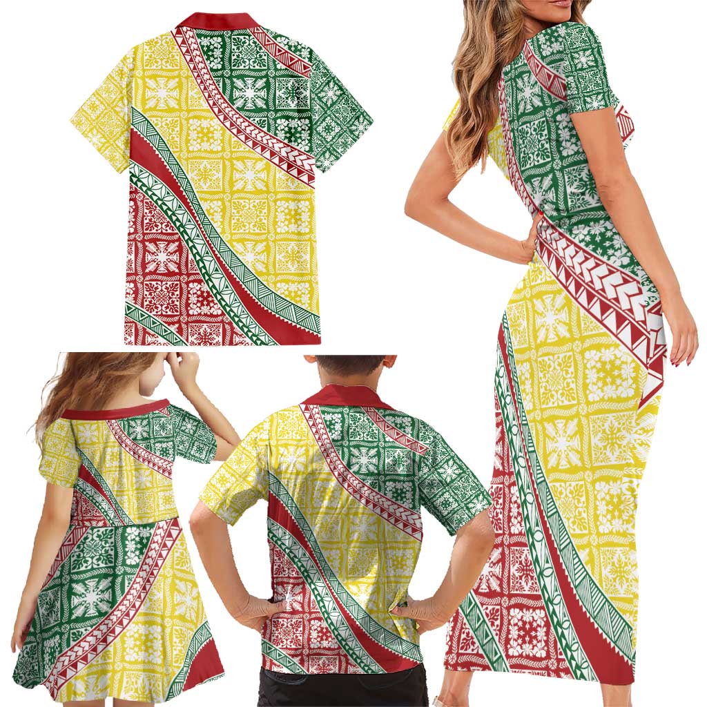 Hawaiian Quilt Pattern Family Matching Short Sleeve Bodycon Dress and Hawaiian Shirt Special Color Mixed - Polynesian Pride