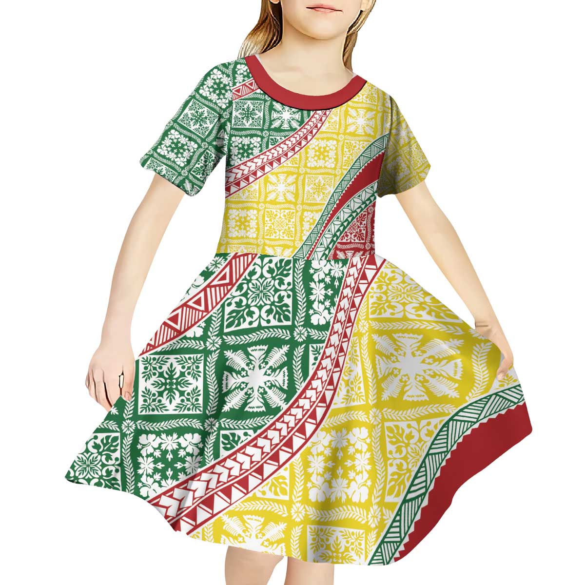 Hawaiian Quilt Pattern Kid Short Sleeve Dress Special Color Mixed - Polynesian Pride