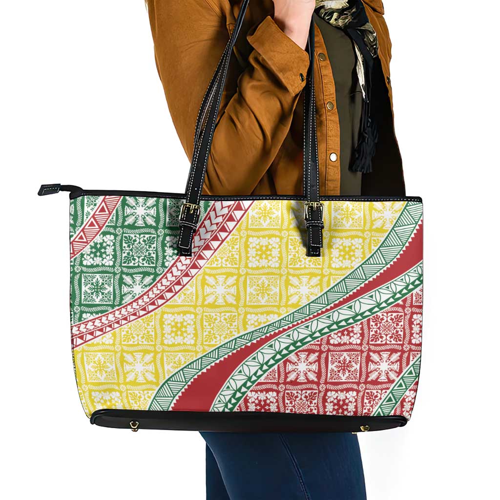 Hawaiian Quilt Pattern Leather Tote Bag Special Color Mixed LT01 - Polynesian Pride