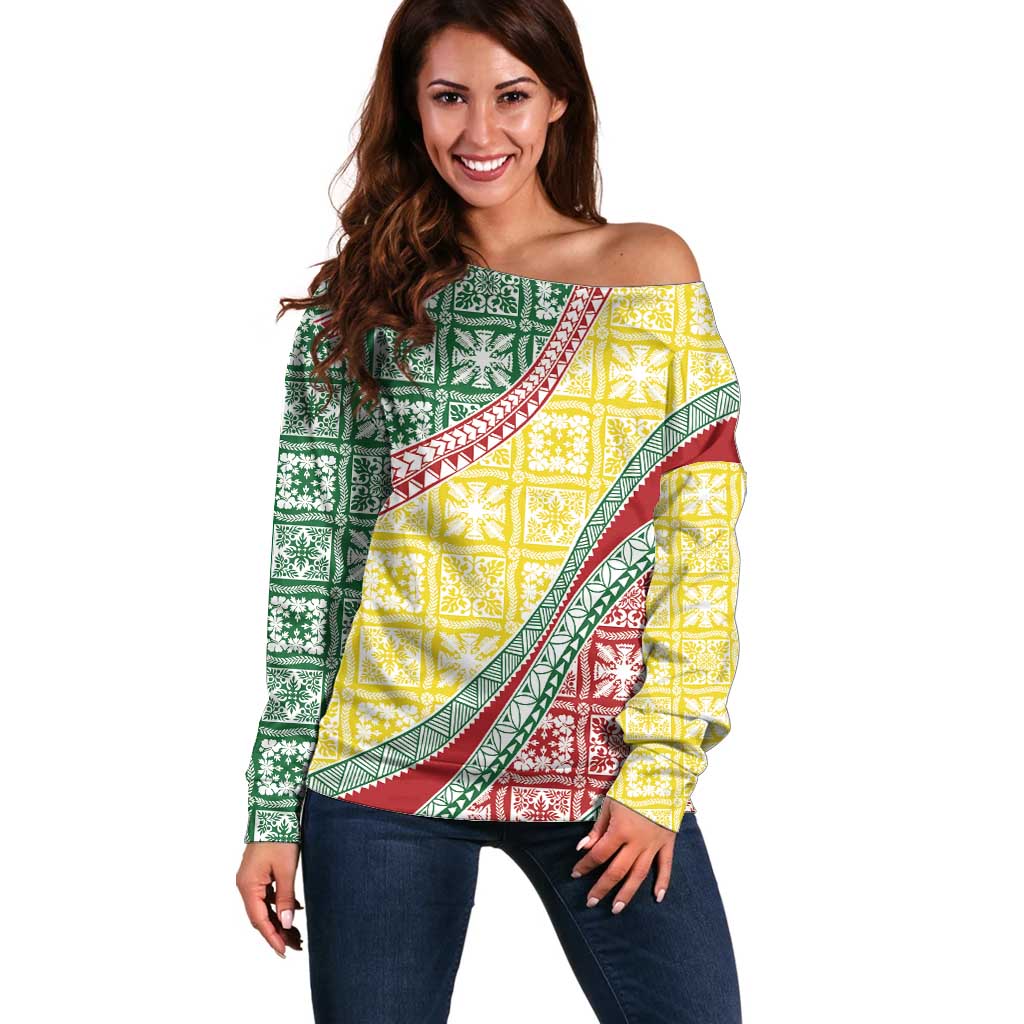 Hawaiian Quilt Pattern Off Shoulder Sweater Special Color Mixed - Polynesian Pride