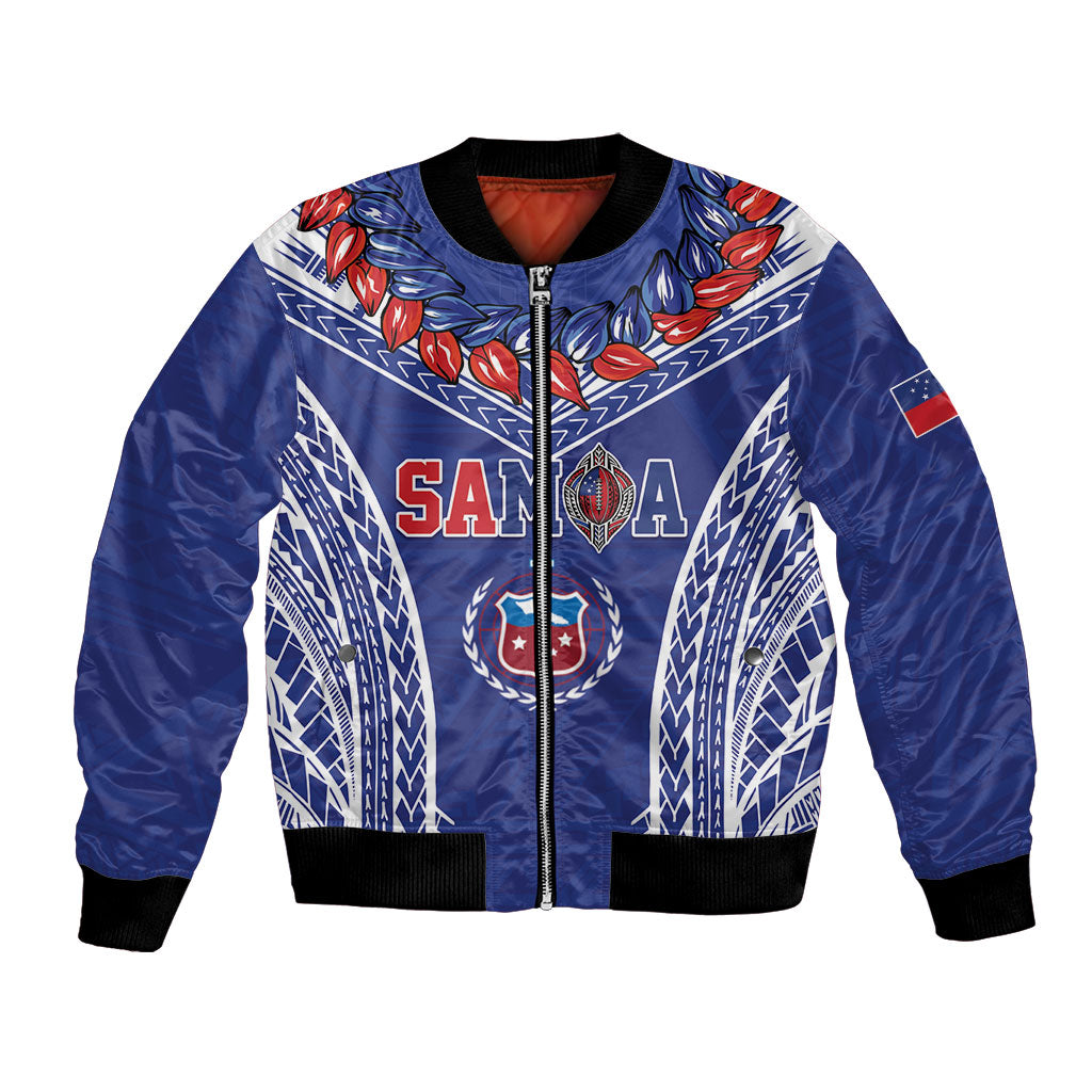 Custom Rugby Samoa 2026 Bomber Jacket UlaFala Polynesian Pattern LT01 Unisex Blue - Polynesian Pride