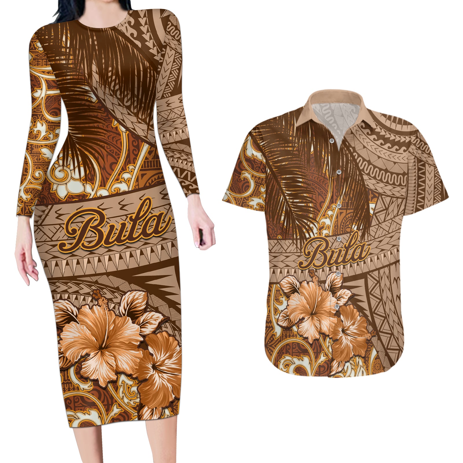 Personalised Fiji Masi Couples Matching Long Sleeve Bodycon Dress and Hawaiian Shirt Bula Fijian Masi Tapa Vintage Style LT01 Brown - Polynesian Pride