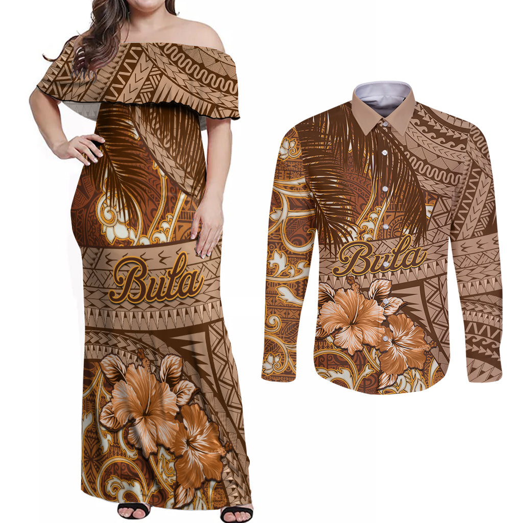 Personalised Fiji Masi Couples Matching Off Shoulder Maxi Dress and Long Sleeve Button Shirt Bula Fijian Masi Tapa Vintage Style LT01 Brown - Polynesian Pride