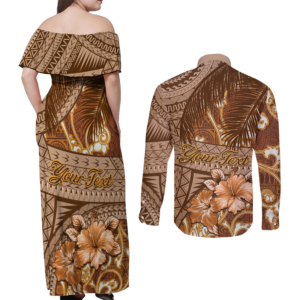 Personalised Fiji Masi Couples Matching Off Shoulder Maxi Dress and Long Sleeve Button Shirt Bula Fijian Masi Tapa Vintage Style LT01 - Polynesian Pride