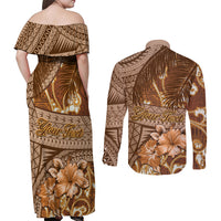 Personalised Fiji Masi Couples Matching Off Shoulder Maxi Dress and Long Sleeve Button Shirt Bula Fijian Masi Tapa Vintage Style LT01 - Polynesian Pride