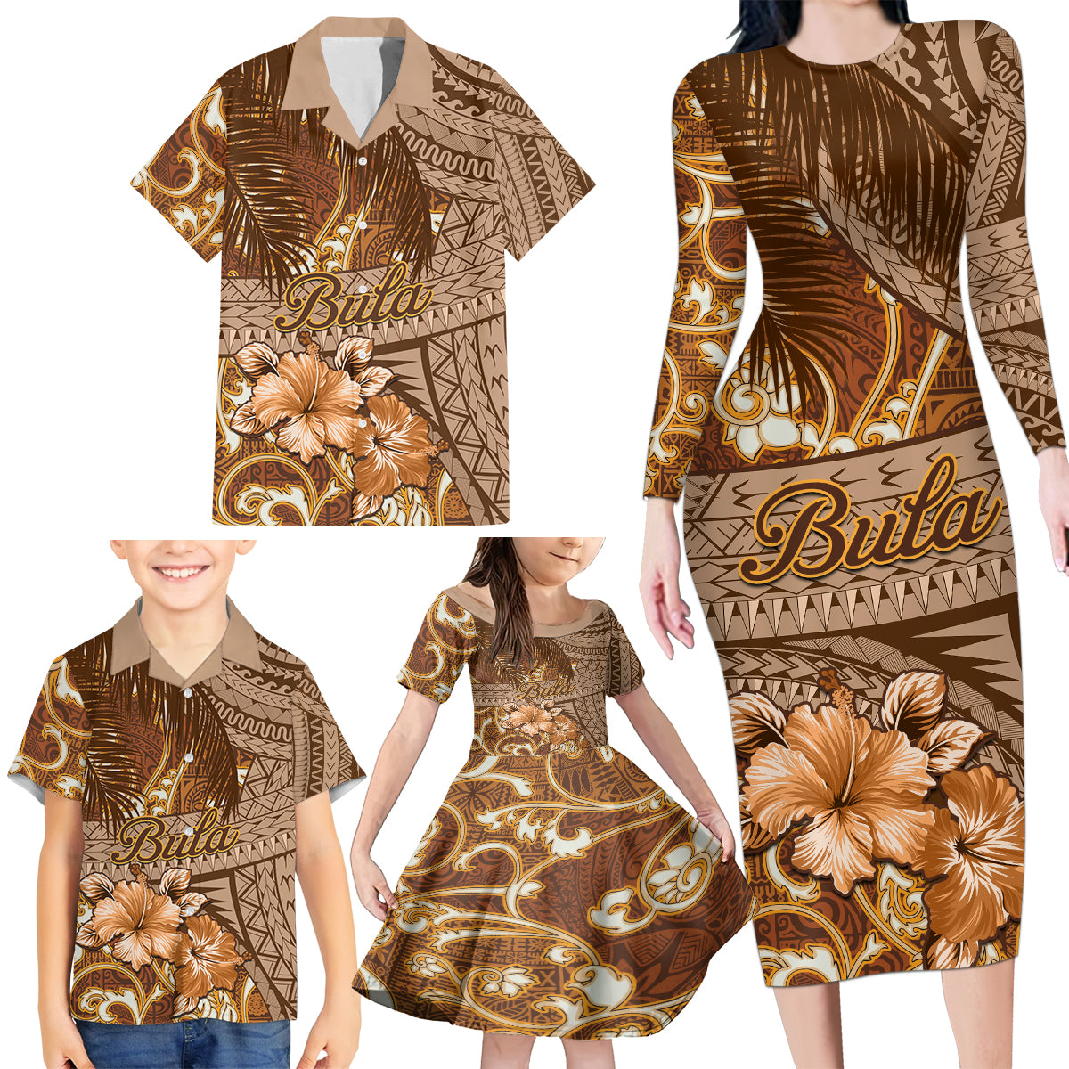 Personalised Fiji Masi Family Matching Long Sleeve Bodycon Dress and Hawaiian Shirt Bula Fijian Masi Tapa Vintage Style LT01 - Polynesian Pride