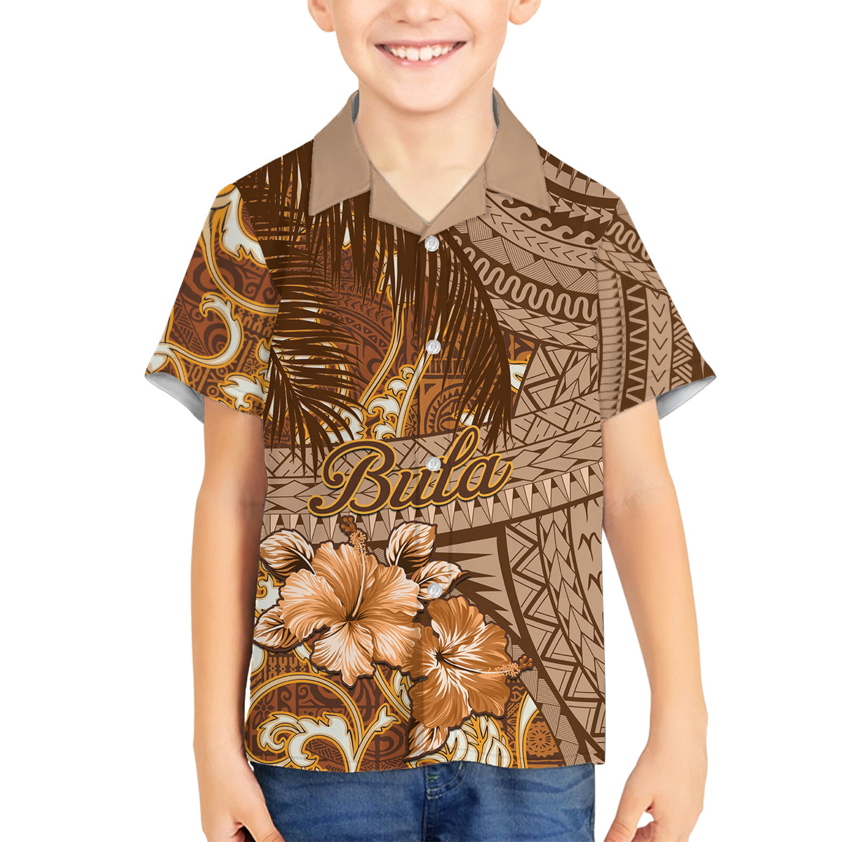 Personalised Fiji Masi Family Matching Off Shoulder Maxi Dress and Hawaiian Shirt Bula Fijian Masi Tapa Vintage Style LT01 Son's Shirt Brown - Polynesian Pride