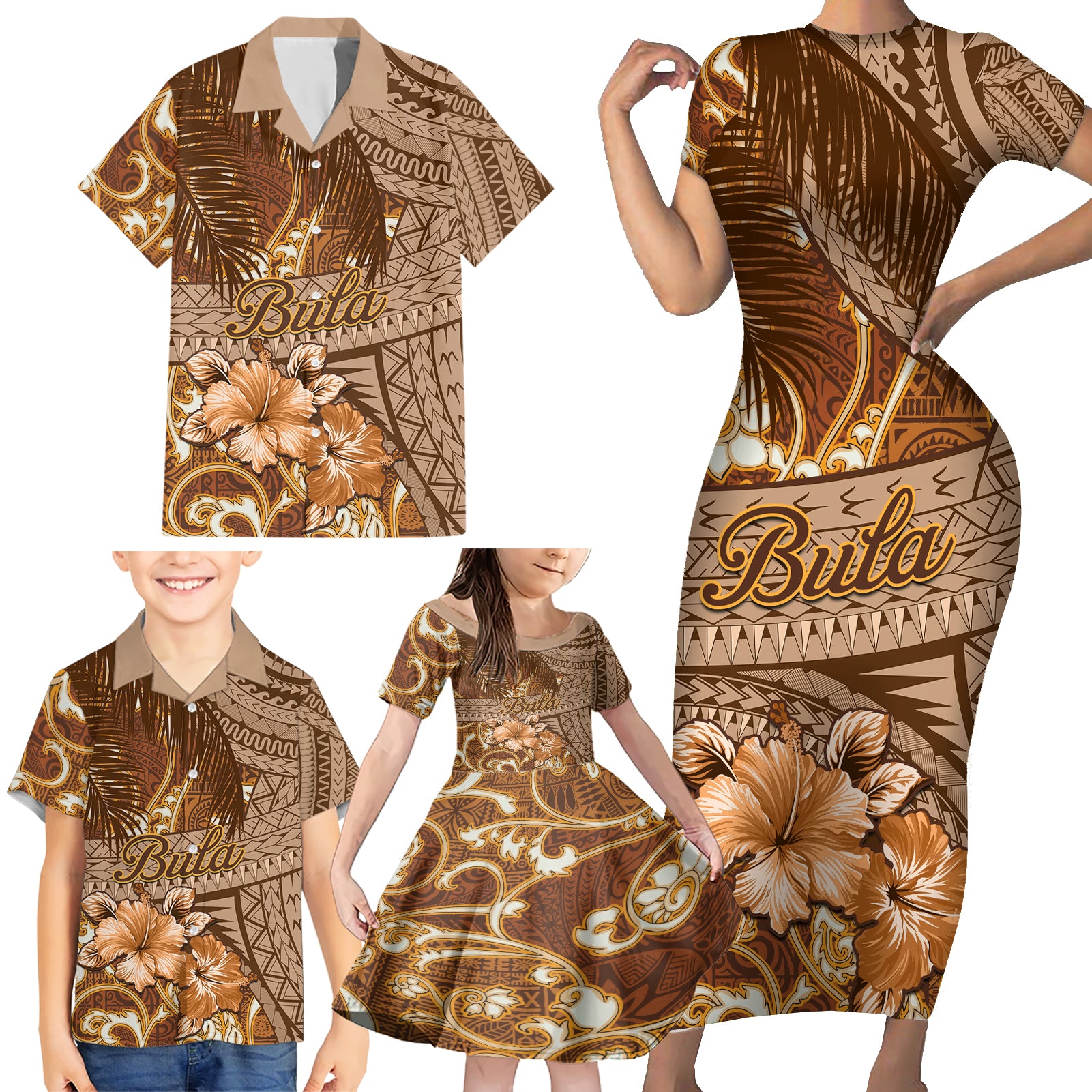 Personalised Fiji Masi Family Matching Short Sleeve Bodycon Dress and Hawaiian Shirt Bula Fijian Masi Tapa Vintage Style LT01 - Polynesian Pride