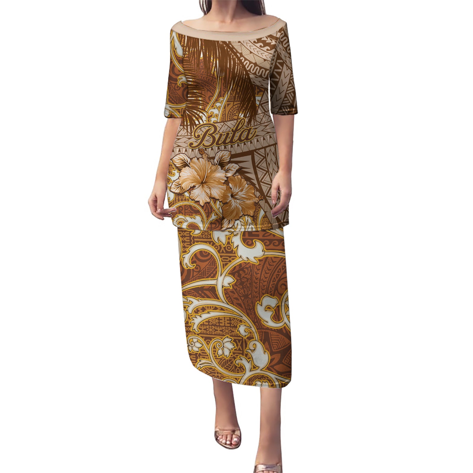 Personalised Fiji Masi Puletasi Bula Fijian Masi Tapa Vintage Style LT01 Long Dress Brown - Polynesian Pride