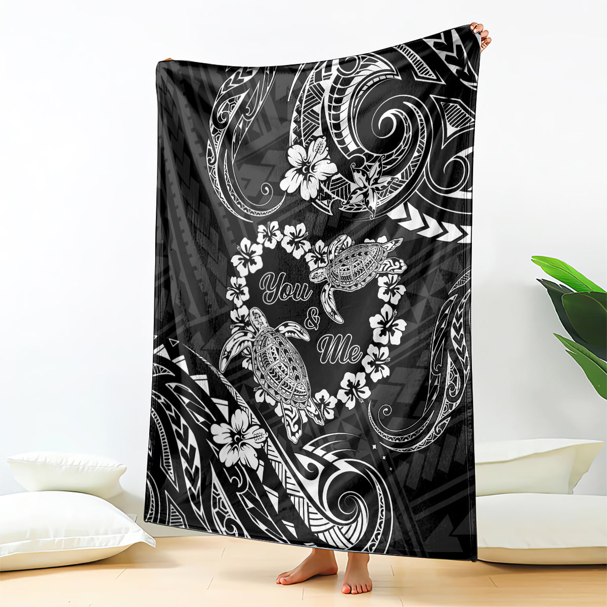 Polynesian Turtle Valentine Blanket You And Me Hibiscus Heart LT01 Black - Polynesian Pride