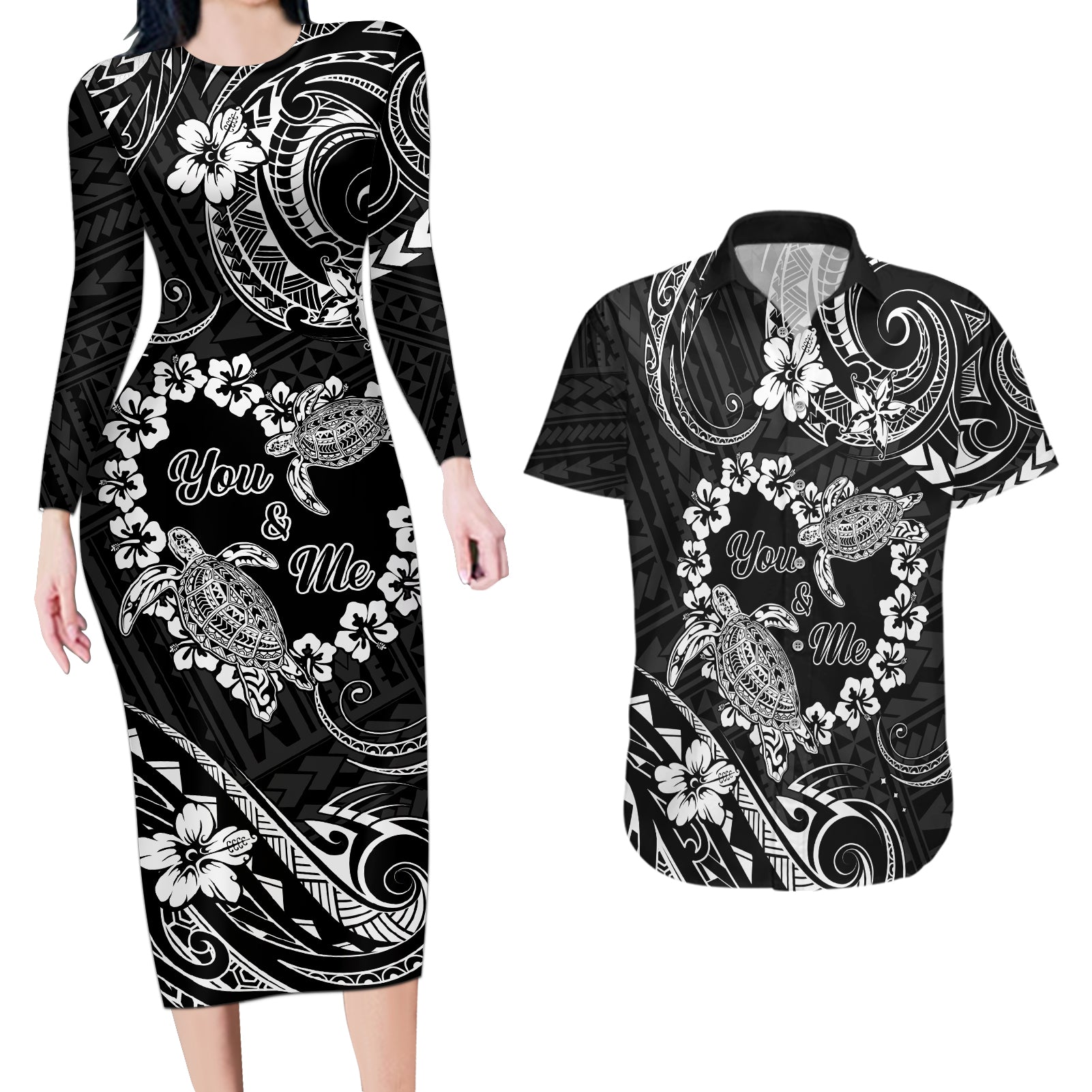 Polynesian Turtle Valentine Couples Matching Long Sleeve Bodycon Dress and Hawaiian Shirt You And Me Hibiscus Heart LT01 Black - Polynesian Pride