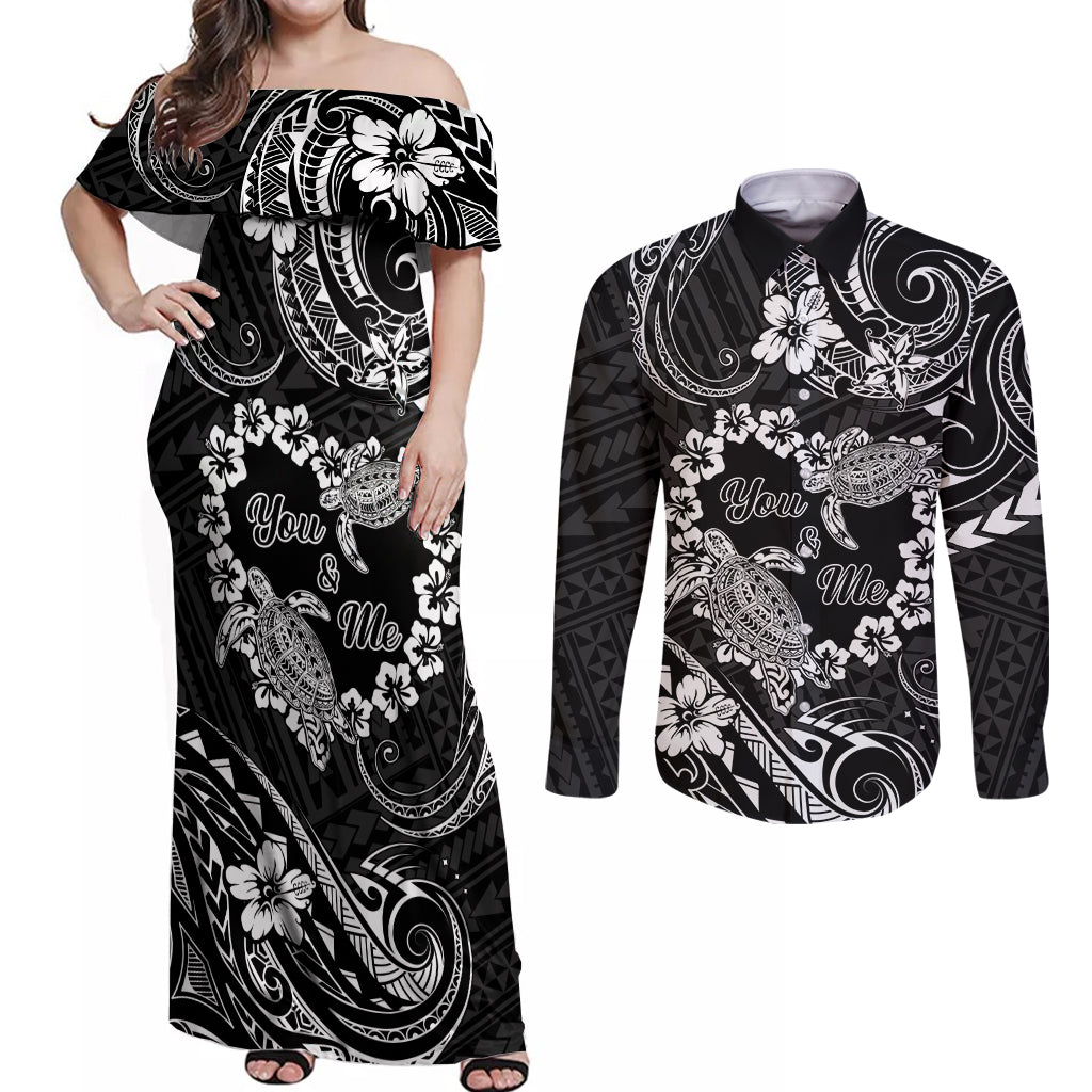 Polynesian Turtle Valentine Couples Matching Off Shoulder Maxi Dress and Long Sleeve Button Shirt You And Me Hibiscus Heart LT01 Black - Polynesian Pride