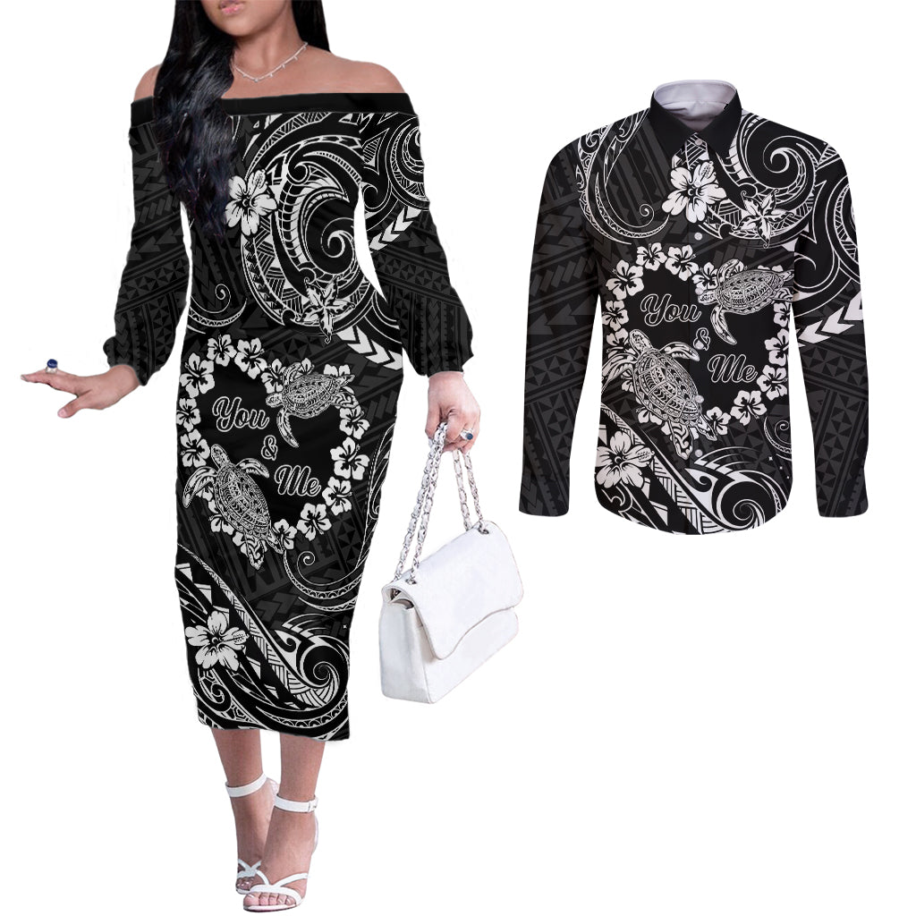 Polynesian Turtle Valentine Couples Matching Off The Shoulder Long Sleeve Dress and Long Sleeve Button Shirt You And Me Hibiscus Heart LT01 Black - Polynesian Pride