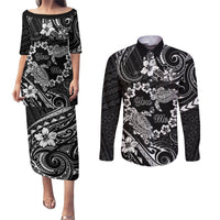 Polynesian Turtle Valentine Couples Matching Puletasi and Long Sleeve Button Shirt You And Me Hibiscus Heart LT01 Black - Polynesian Pride