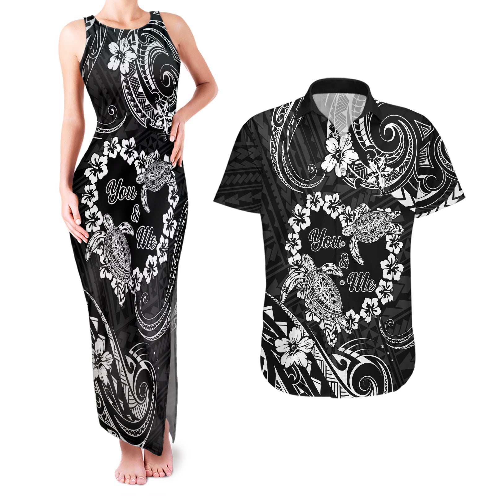 Polynesian Turtle Valentine Couples Matching Tank Maxi Dress and Hawaiian Shirt You And Me Hibiscus Heart LT01 Black - Polynesian Pride