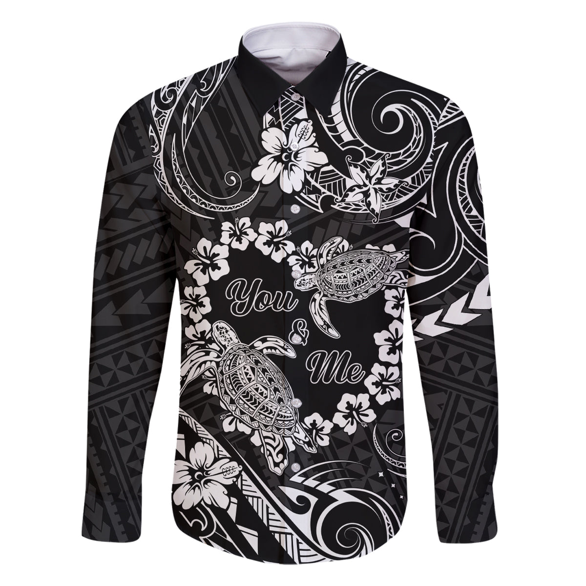 Polynesian Turtle Valentine Family Matching Mermaid Dress and Hawaiian Shirt You And Me Hibiscus Heart LT01 Dad's Shirt - Long Sleeve Black - Polynesian Pride