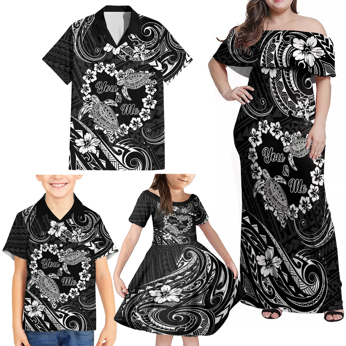 Polynesian Turtle Valentine Family Matching Off Shoulder Maxi Dress and Hawaiian Shirt You And Me Hibiscus Heart LT01 - Polynesian Pride