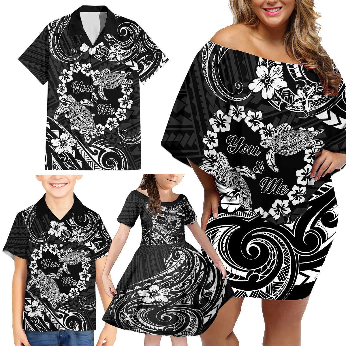 Polynesian Turtle Valentine Family Matching Off Shoulder Short Dress and Hawaiian Shirt You And Me Hibiscus Heart LT01 - Polynesian Pride