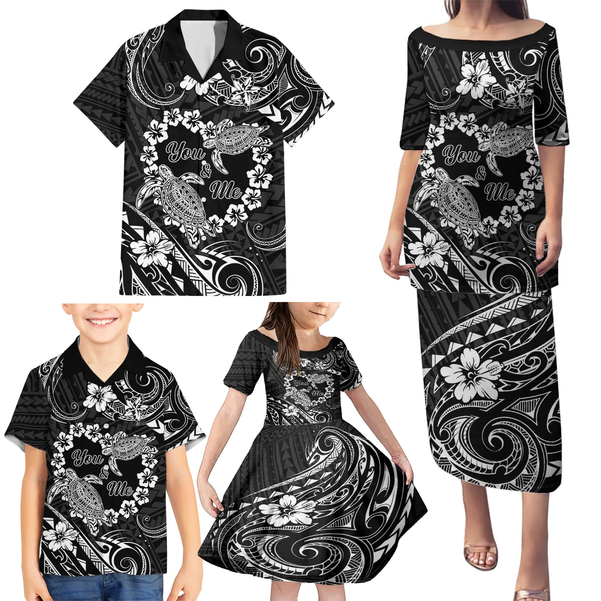 Polynesian Turtle Valentine Family Matching Puletasi and Hawaiian Shirt You And Me Hibiscus Heart LT01 - Polynesian Pride