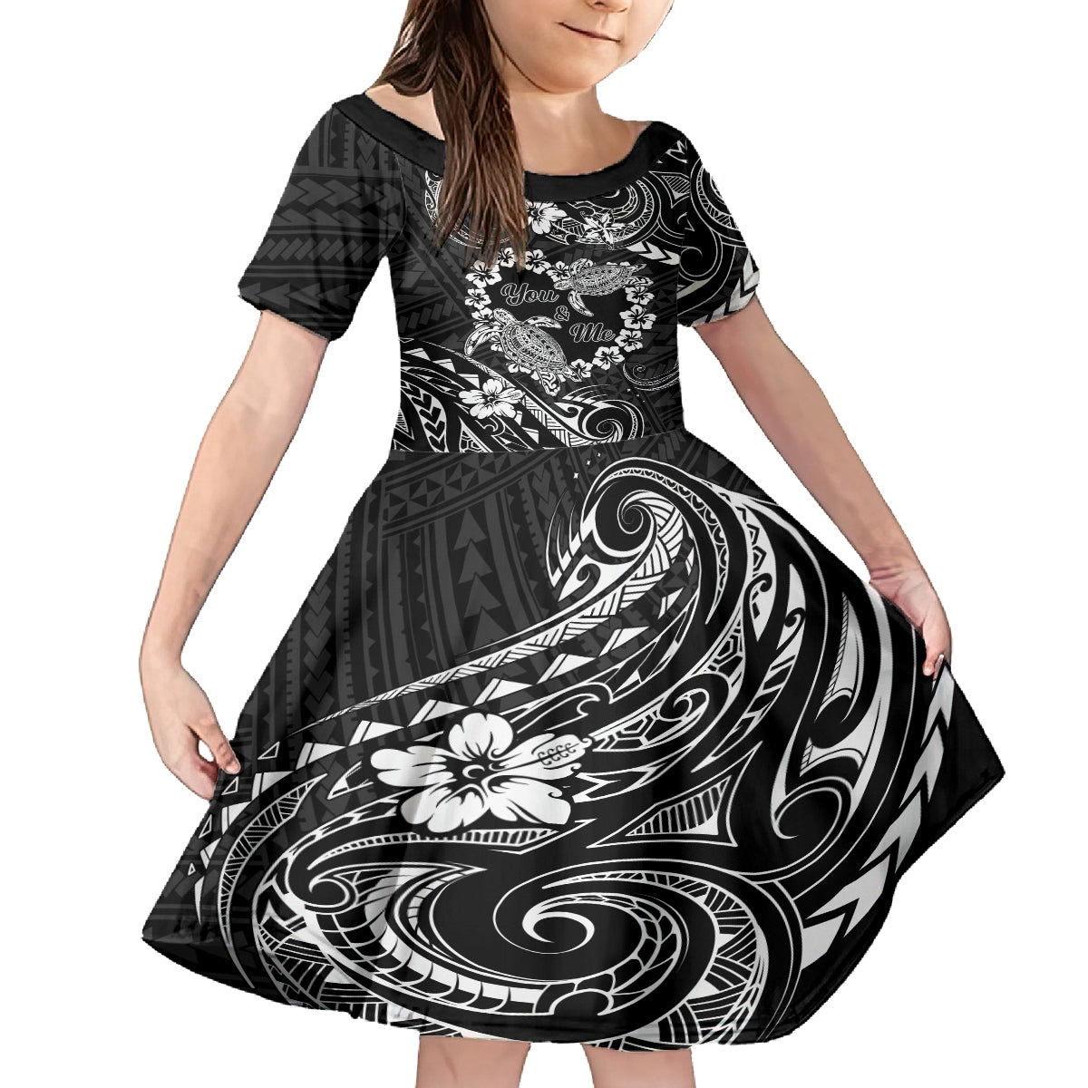Polynesian Turtle Valentine Family Matching Tank Maxi Dress and Hawaiian Shirt You And Me Hibiscus Heart LT01 Daughter's Dress Black - Polynesian Pride