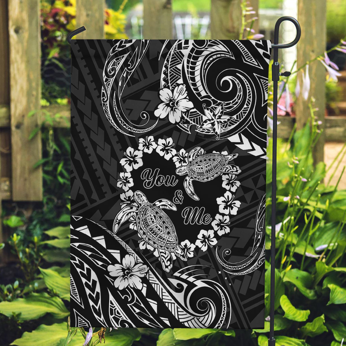 Polynesian Turtle Valentine Garden Flag You And Me Hibiscus Heart LT01 Garden Flag Black - Polynesian Pride