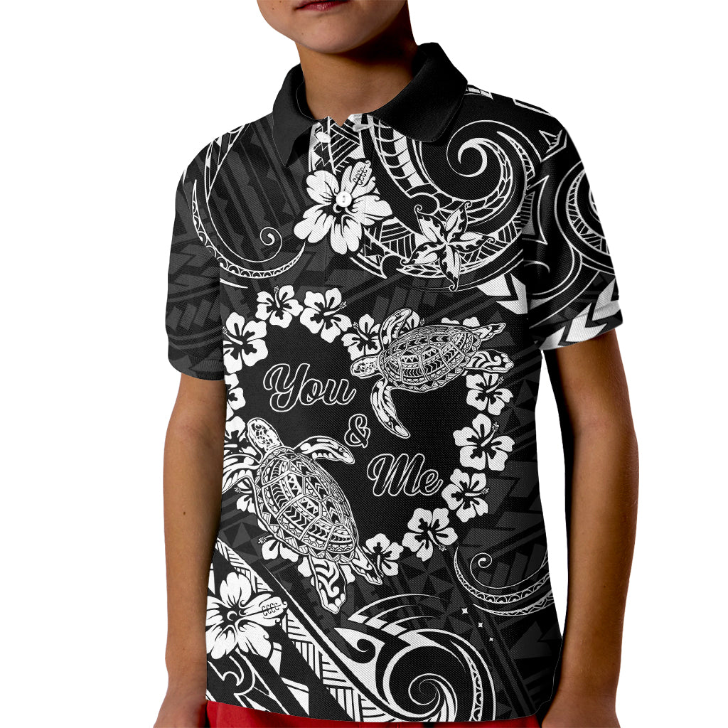 Polynesian Turtle Valentine Kid Polo Shirt You And Me Hibiscus Heart LT01 Kid Black - Polynesian Pride