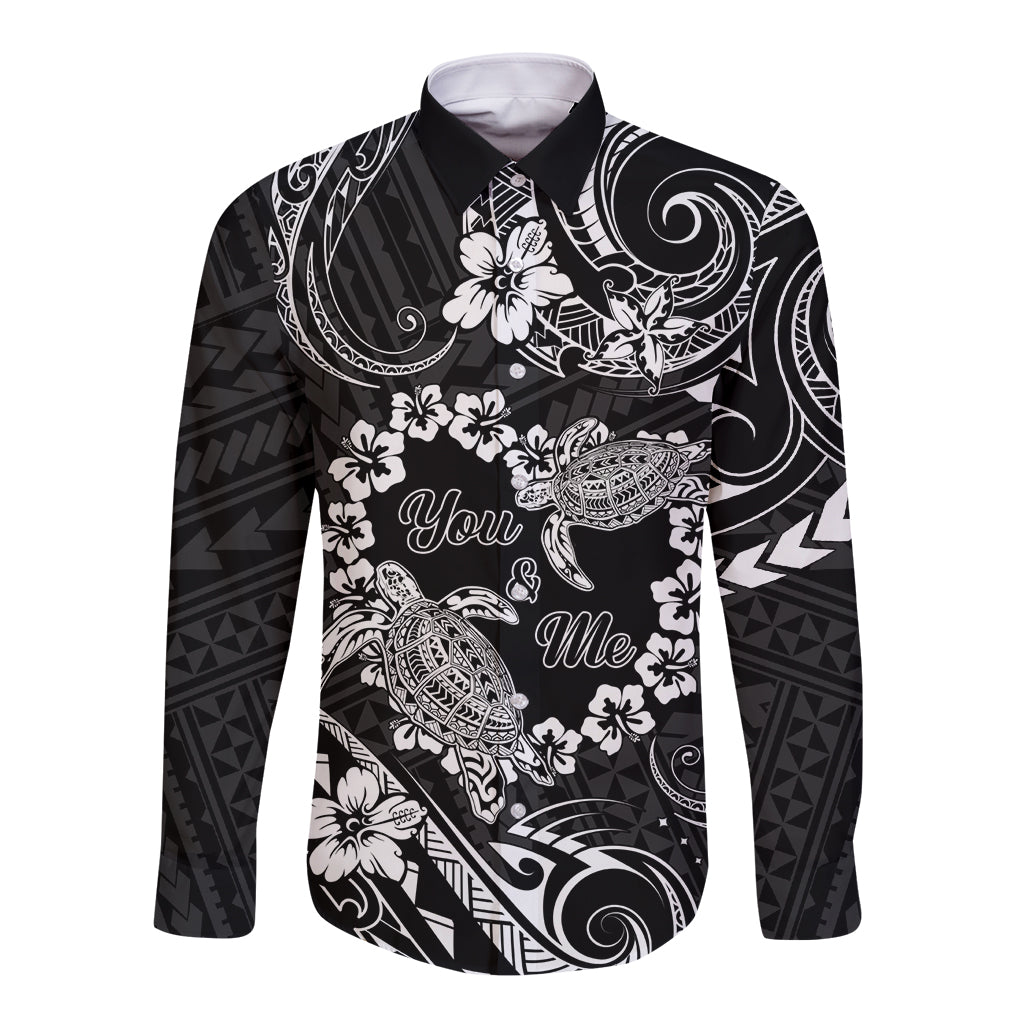 Polynesian Turtle Valentine Long Sleeve Button Shirt You And Me Hibiscus Heart LT01 Unisex Black - Polynesian Pride