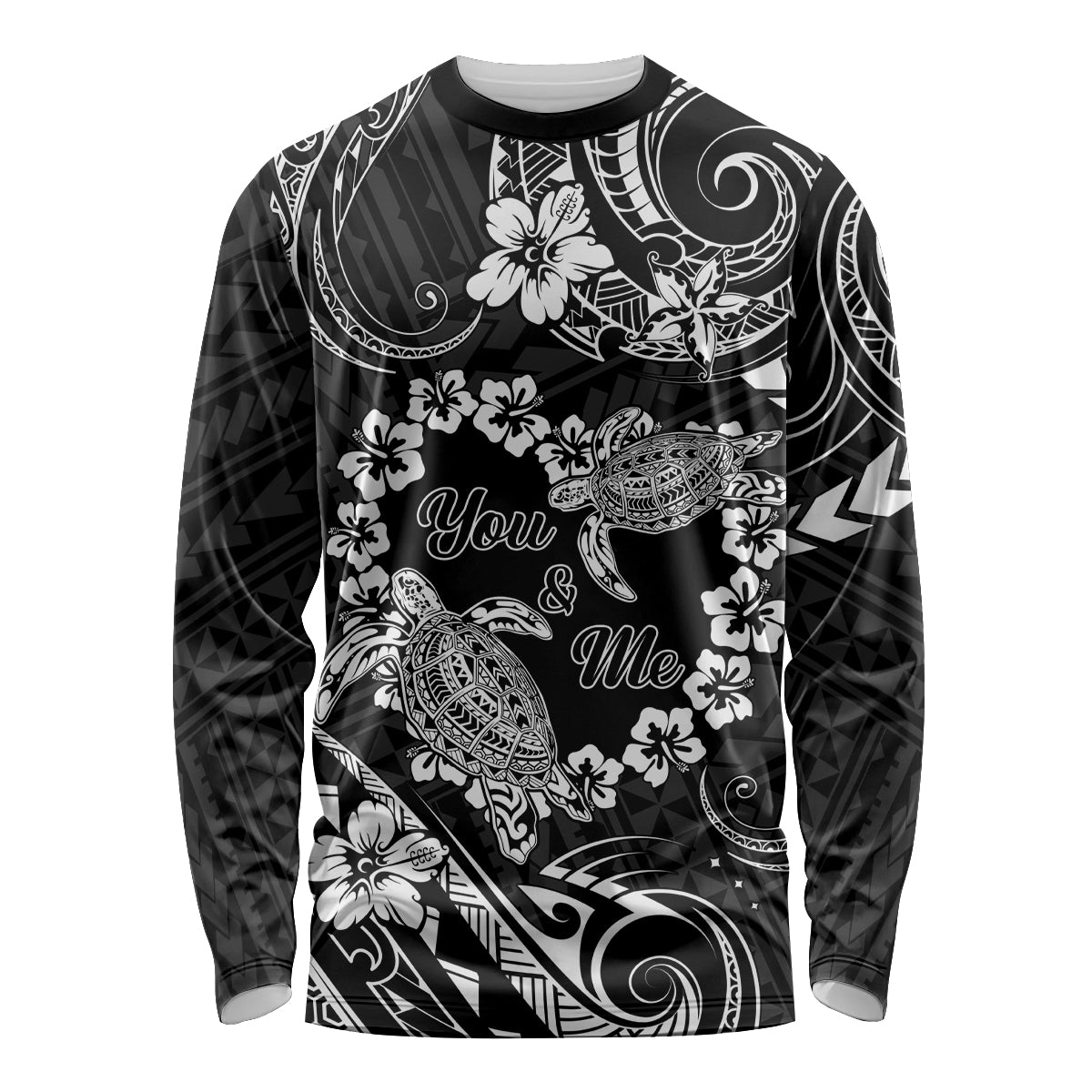 Polynesian Turtle Valentine Long Sleeve Shirt You And Me Hibiscus Heart LT01 Unisex Black - Polynesian Pride